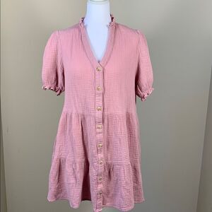 In February Pink Button-Front Gauze Tunic Dress